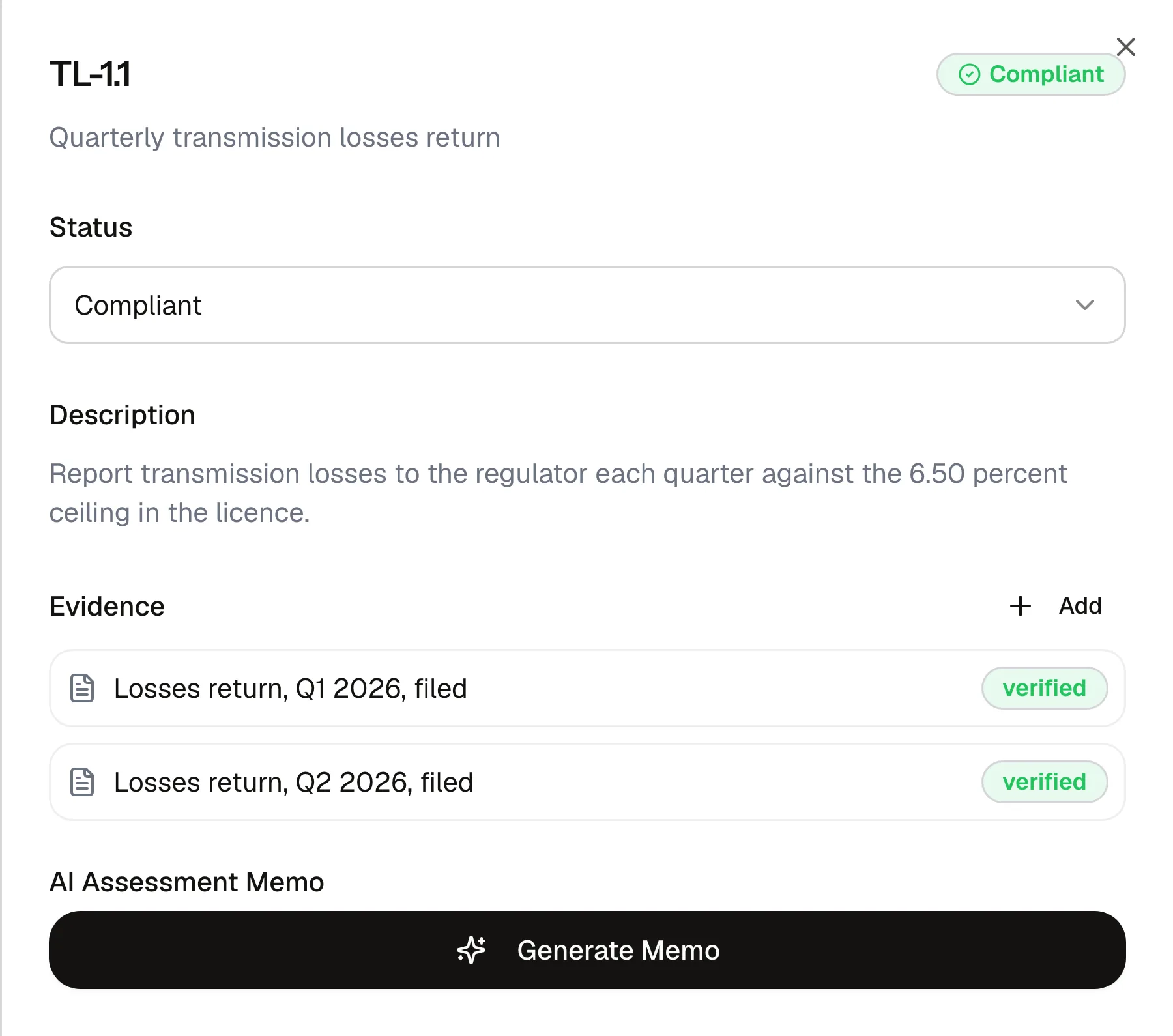 A control opened in Compliance Studio: its description, then two items of evidence, each marked verified.