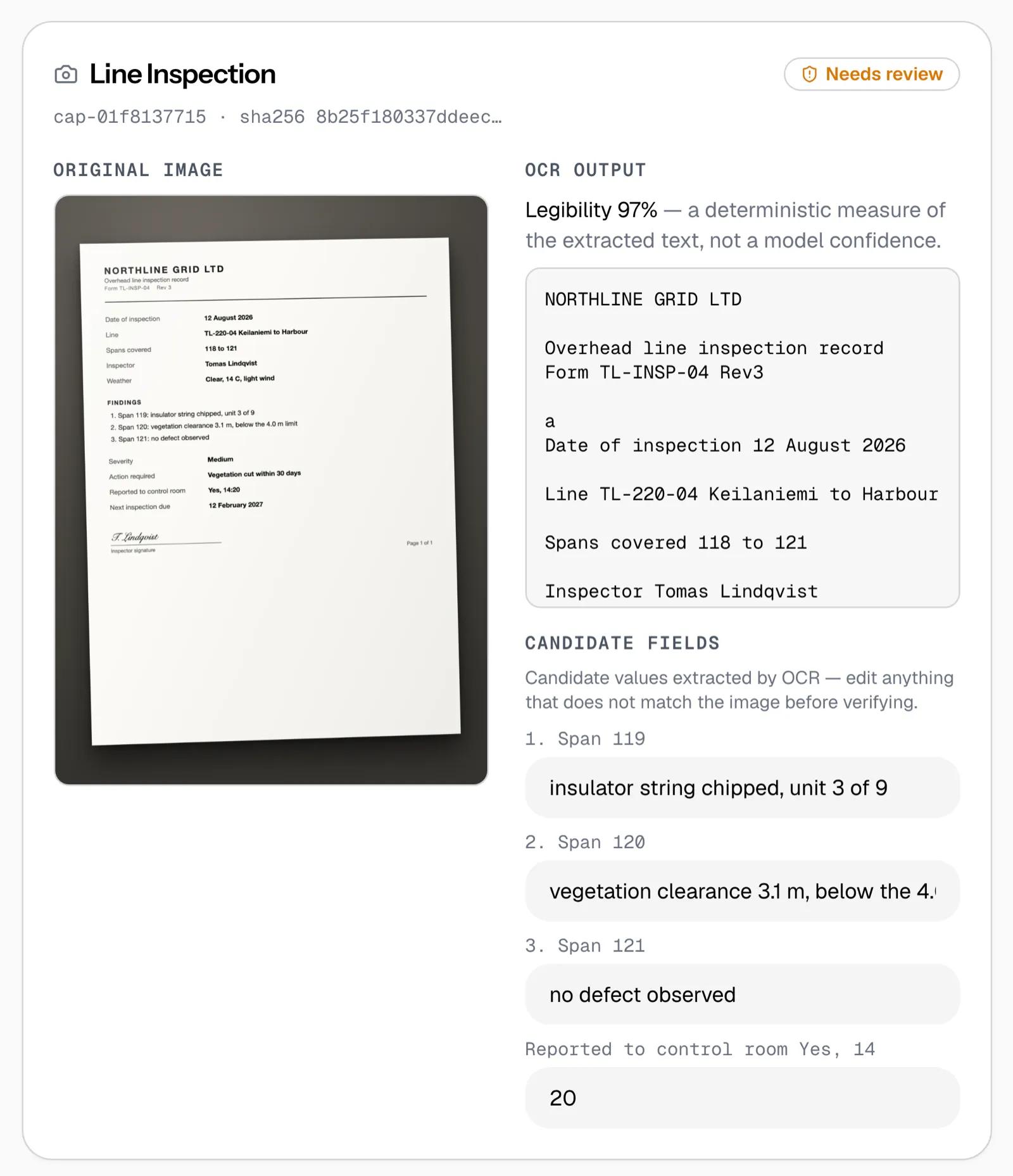 The field document reviewer: a photographed overhead line inspection form on the left, the optical character recognition output on the right with a legibility figure, and four candidate fields extracted from it awaiting correction.