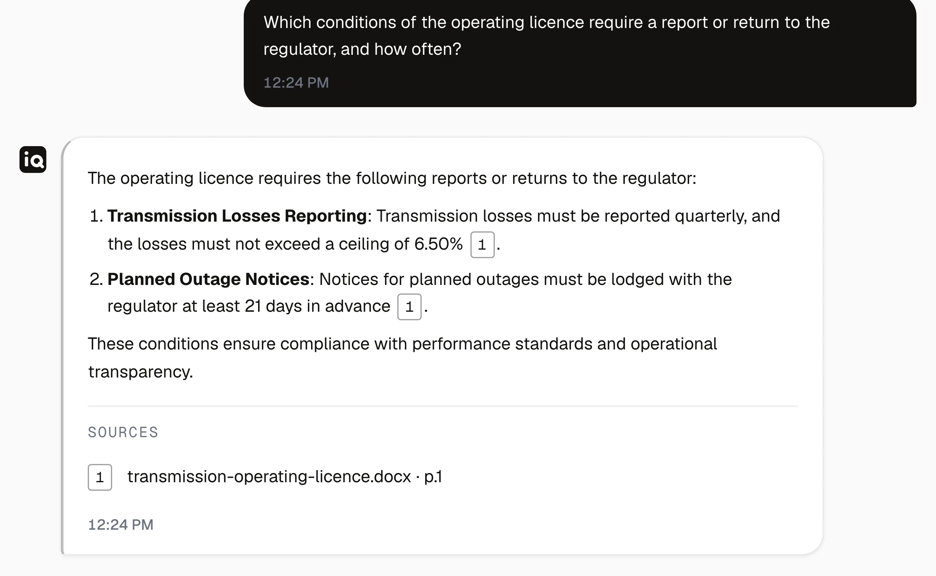 A Knowledge Desk answer under the last line of its question: transmission losses reported quarterly against a 6.50% ceiling and planned outage notices lodged at least 21 days ahead, each followed by the numbered source 1, and the answer's Sources list naming the licence document and page 1.